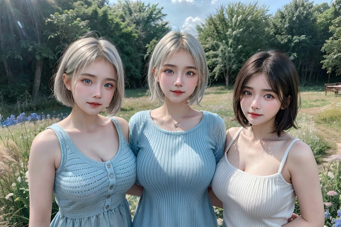 (3 girls), Indonesian , 20 years old,short hair, white skin, big breast, blue eyes, meadow, silver hair, 8K, The details are very realistic..., There is a lot of light..., The best of photography red knit dress (3 girls)