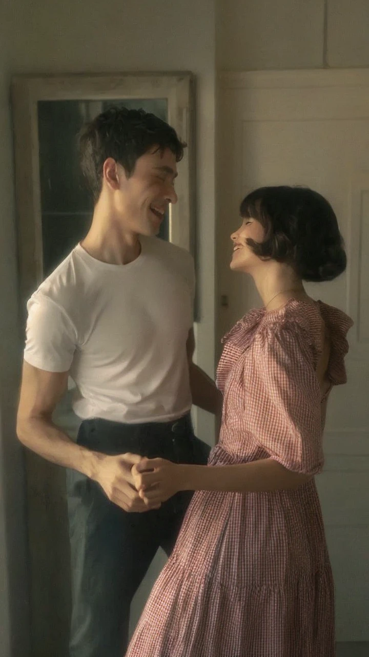 a couple dancing where the woman has long, dark hair and the man has completely BLONDE hair and their faces are fully visible and eyes open