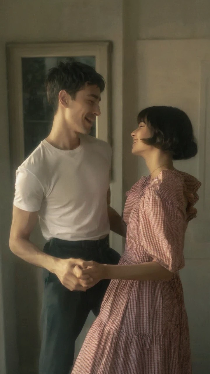 a couple dancing where the woman has long, dark hair and the man has completely BLONDE hair and their faces are fully visible and eyes open 