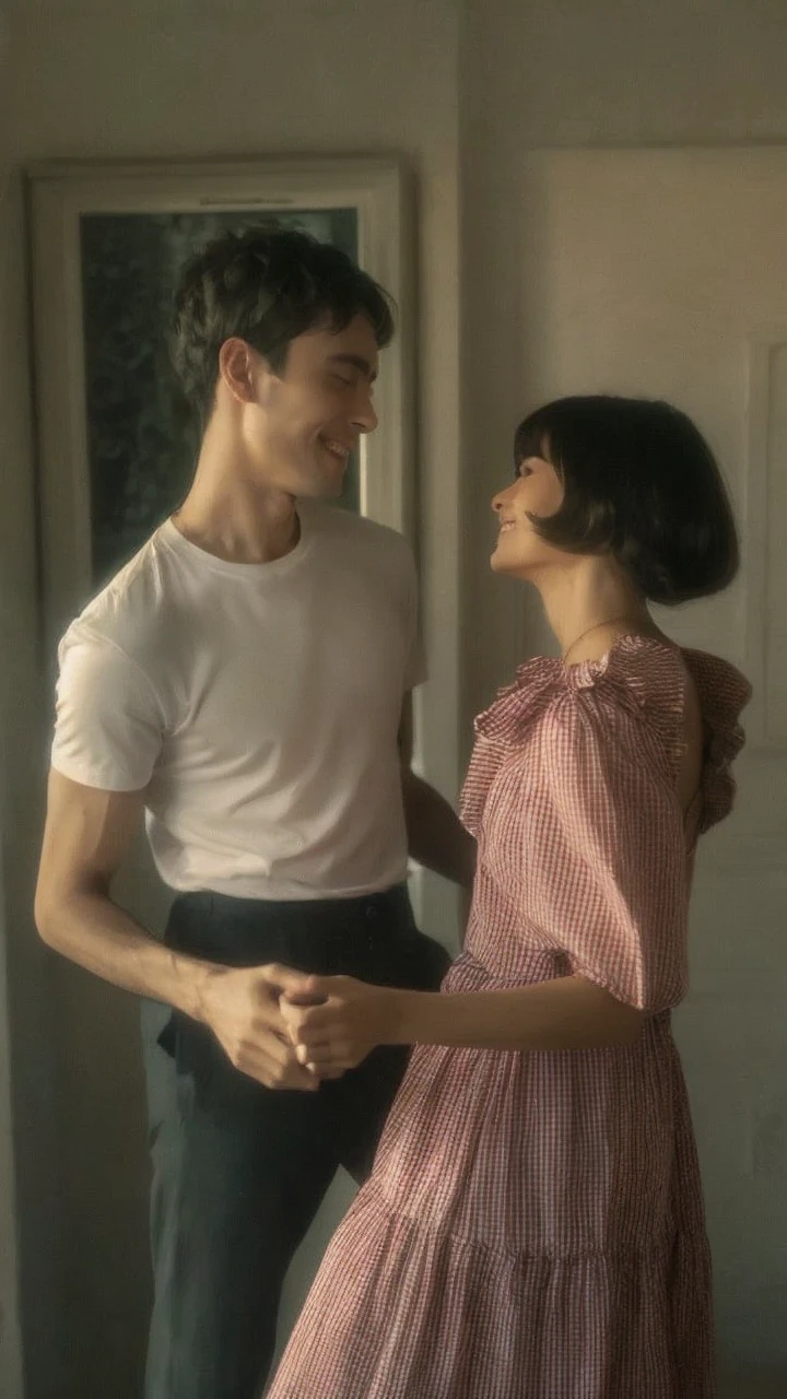 a couple dancing where the woman has long, dark hair and the man has completely BLONDE hair and their faces are fully visible and eyes open
