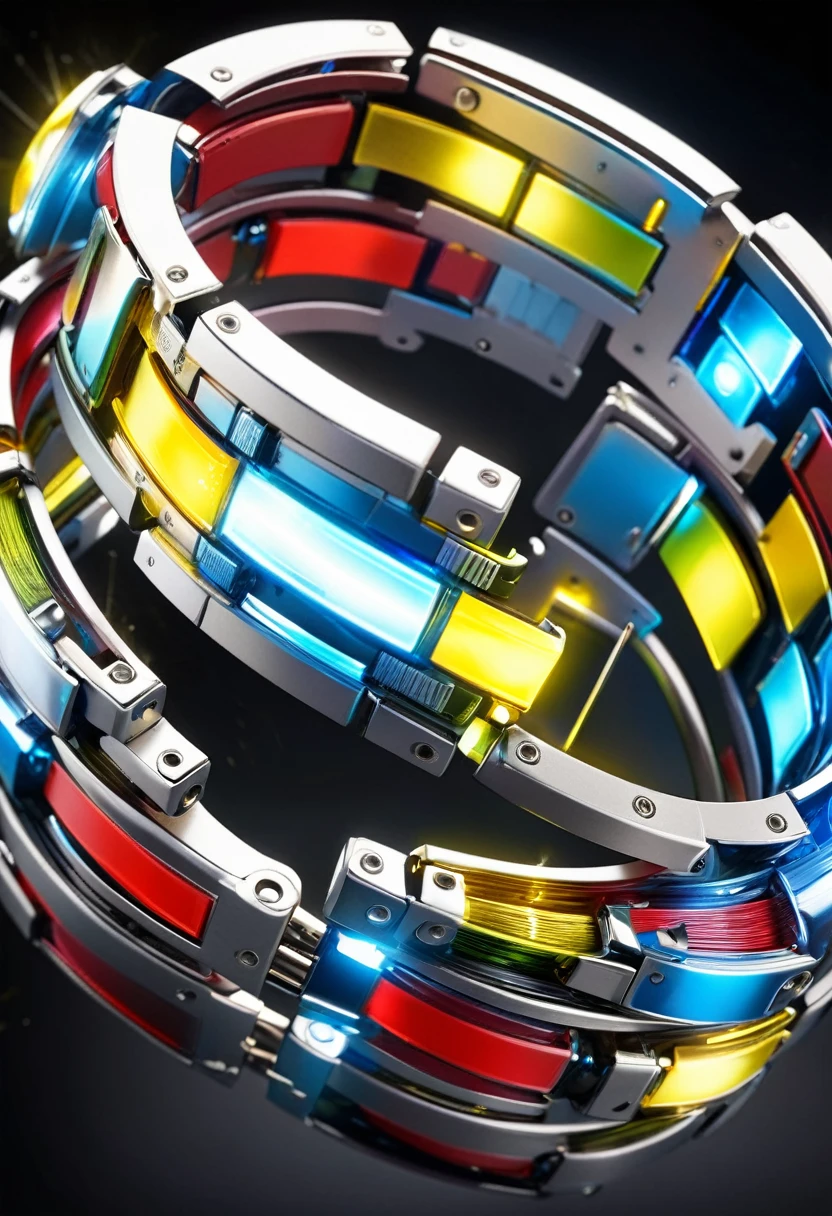 a extremely detailed futuristic electronic bracelet made of red, blue, white, green & yellow steel with lightning sparking off of it