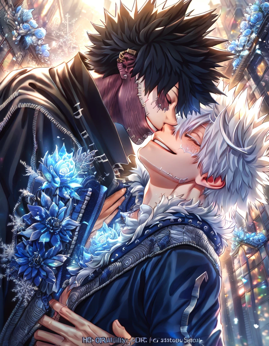 (absurdres, highres, ultra detailed, HDR) master piece, best quality, extremely detailed face, delicated features, Dabi, black hair, closed eyes, Boku No Hero Academia, Gojou Satoru, white hair, closed eyes, white eyelashes, two sexy men kissing, yaoi, gay couple, handsome, smiling, black coat, blue coat with fur, magical fantasy, glittering, sparkling, blue roses, radiant, blue sparkling fireflies, blue fire, envy magical, city, snowflakes, ice
