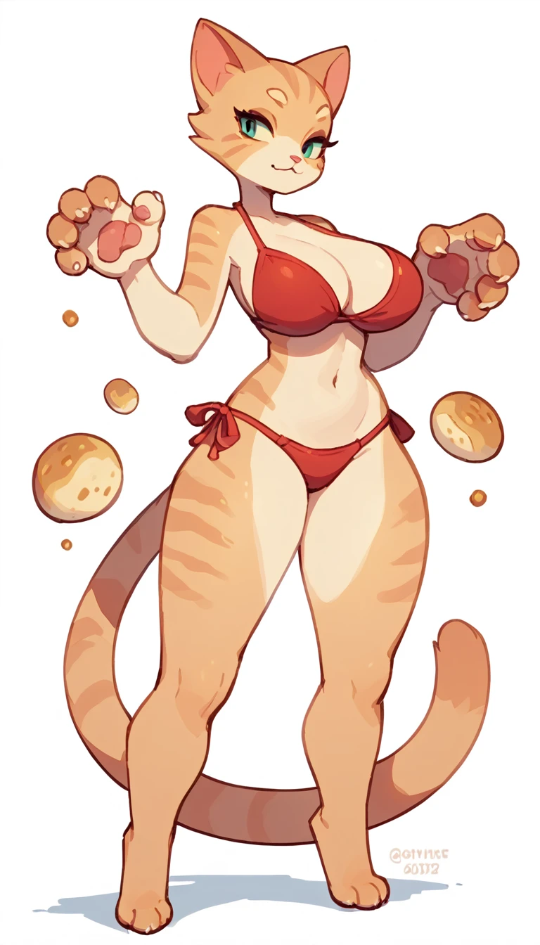 The Q version of the cute furry cat, standing, elegant pose, tall, tall woman, thick body, thick, seductive, sexy expression, female cat, big breasts, hips, female body, woman, female, bikini, paws, beans, white background 