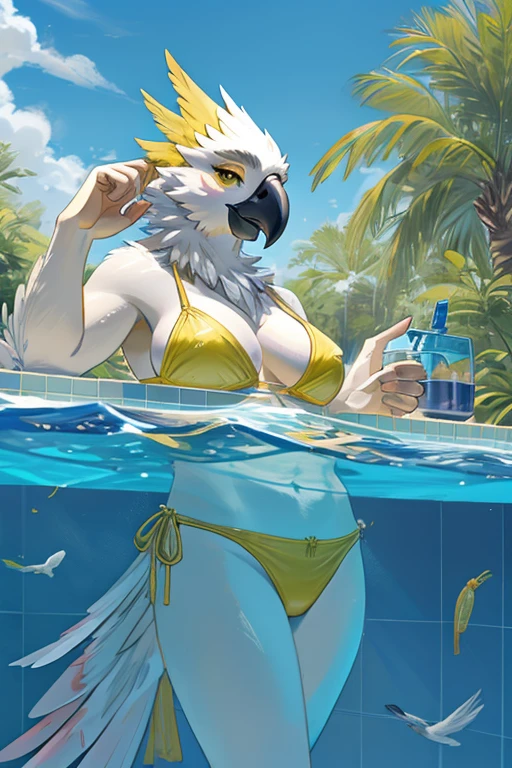 Zsa Zsa, the female anthropomorphic Vain Sulphur-Crested Cockatoo in her yellow bikini is floating on her inflatable cockatoo in her private swimming pool, with her Budgie birdies watching her from the poolside.