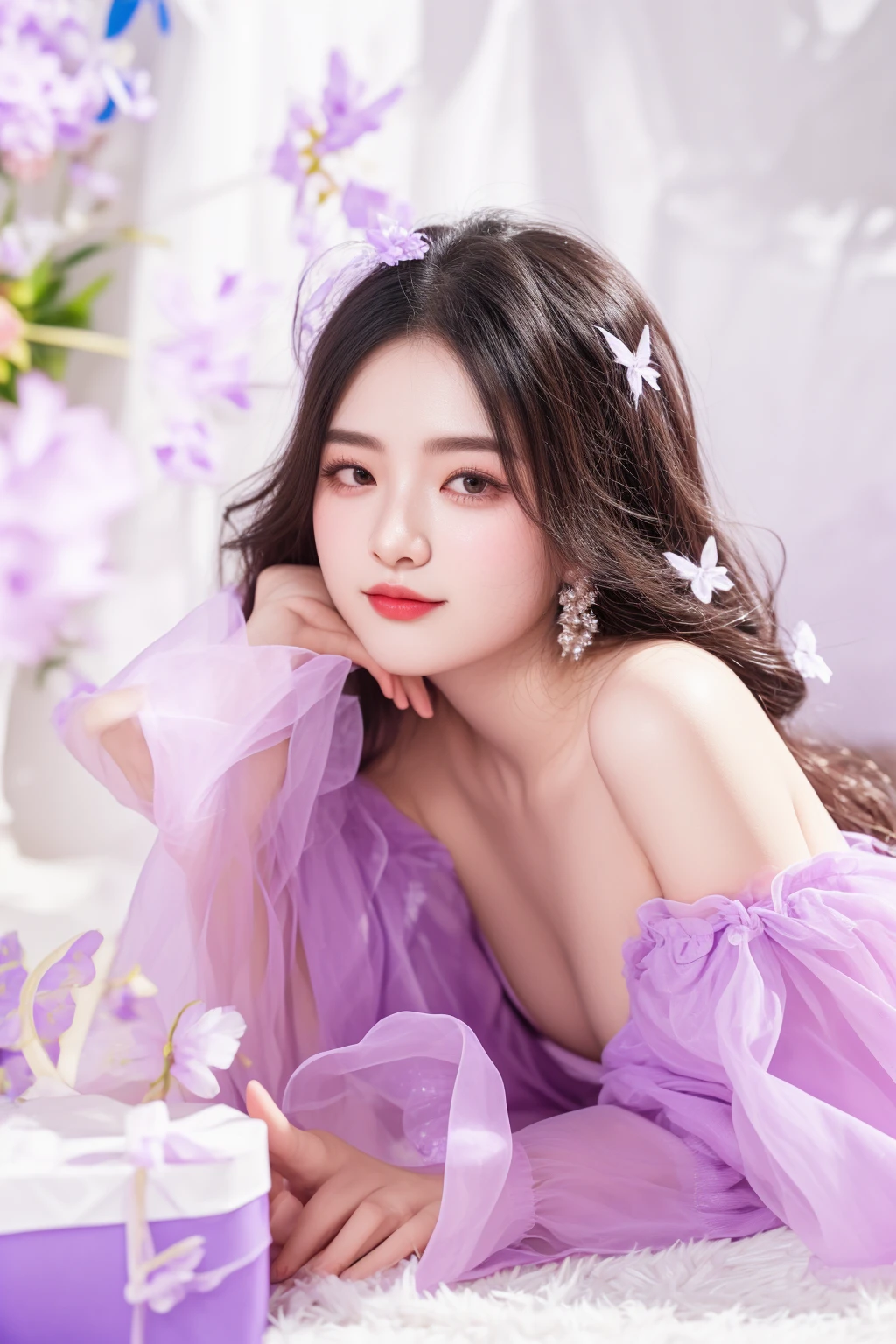 araffe girl in a purple dress laying on a white rug, 中 元 节, trending on cgstation, trending at cgstation, sakimichan, guweiz, ethereal beauty, xintong chen, full body xianxia, xision wu, gorgeous chinese model, inspired by Huang Ji, captured on canon eos r 6