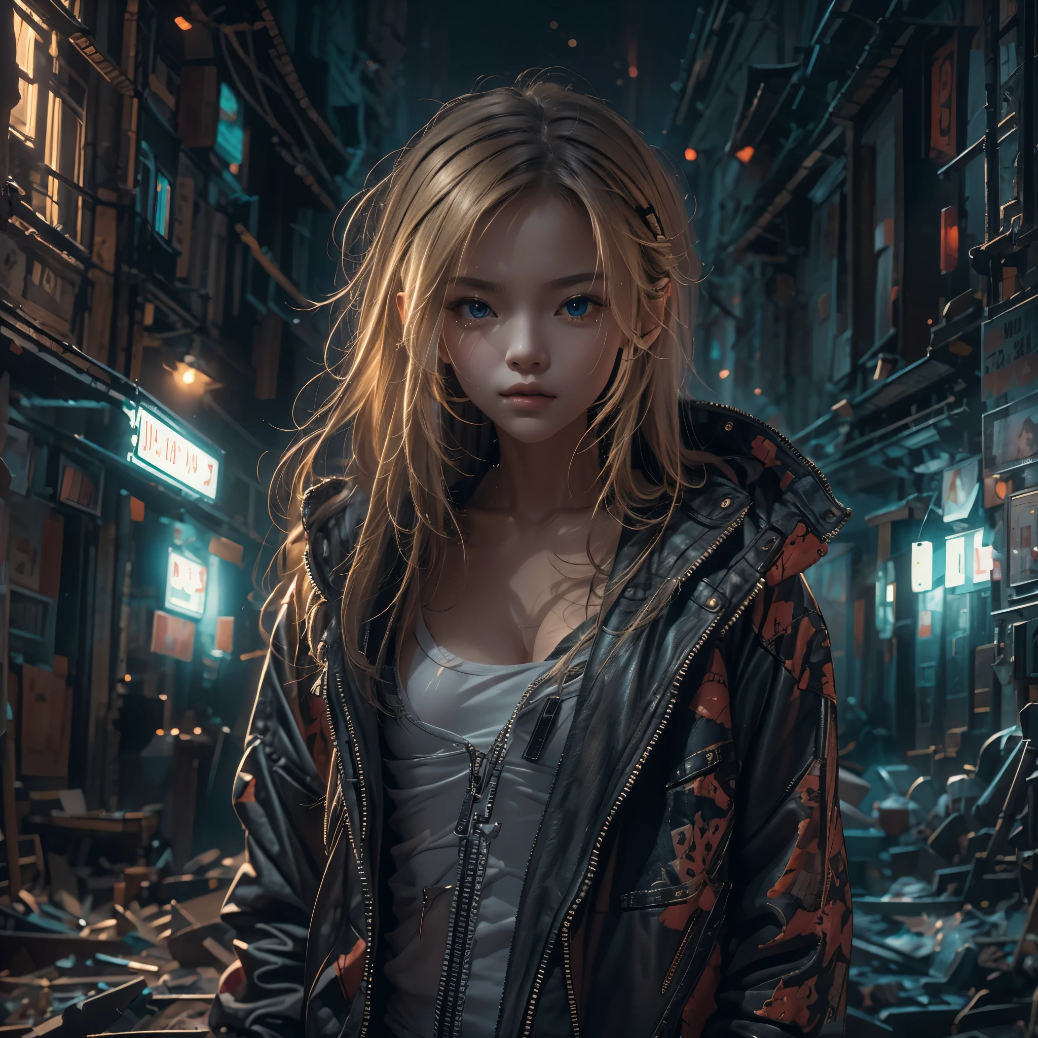 Night time, darkness, Lighting from windows, glow on girl, 
masutepiece, 1 female，13 years old, Raw photo，Photorealism，High resolution，Best Quality，High Definition, Perfect composition, 
Perfect face, Perfect body, 32K，
Cinematic lighting，torn and ripped clothing, jacket open, naked chest, Real Girl，blond，Slum street background, messy hair, 
seductive, lust
