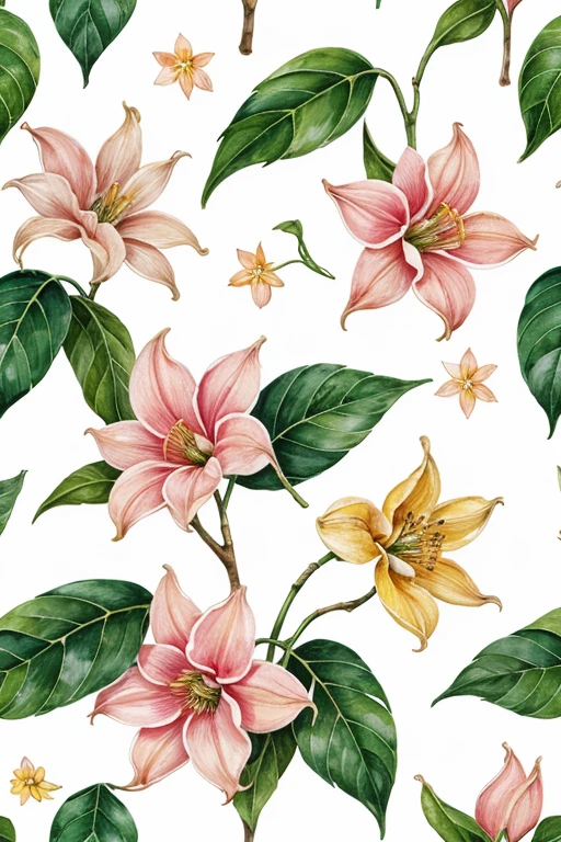 seamless pattern botanic watercolor drawing of branches of a ylang ylang
