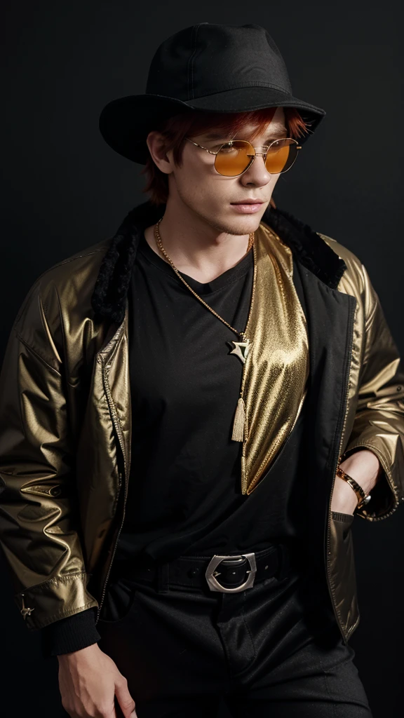 A young man, Bucket black hat, red hair, with golden glasses, with a black puffle jacket and a black shirt with shiny details on the shirt, with a golden triangle necklace, long velvety black pants, white background, studio photo, full bodied