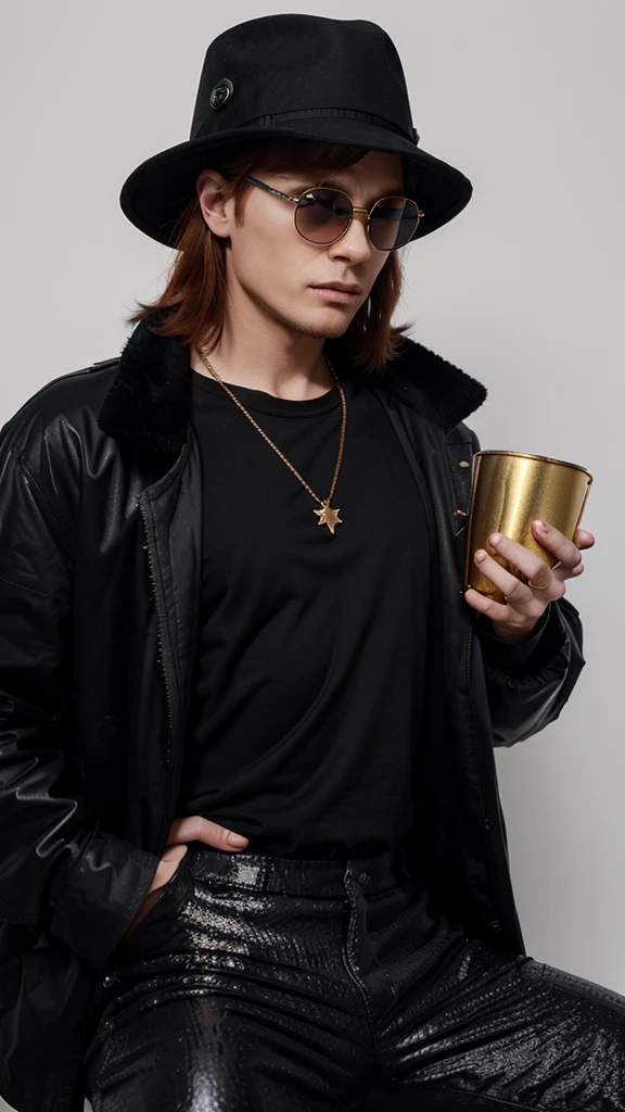 A young man, Bucket black hat, red hair, with golden glasses, with a black puffle jacket and a black shirt with shiny details on the shirt, with a golden triangle necklace, long velvety black pants, white background, studio photo, full bodied