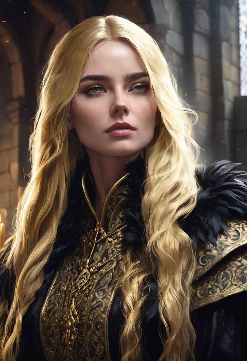 1 woman, inside a medieval castle, wearing a medieval black feather coat, detailed facial features, golden and feminine eyes, literally detailed gold skin, long shiny gold hair, vengeful expression, dramatic lighting, cinematic composition, cold and cool color palette, atmospheric fog, thin chin, (best quality, 4K, 8K, high resolution, art: 1.2), ultra-detailed, (realistic, photorealistic, photorealistic: 1.37)