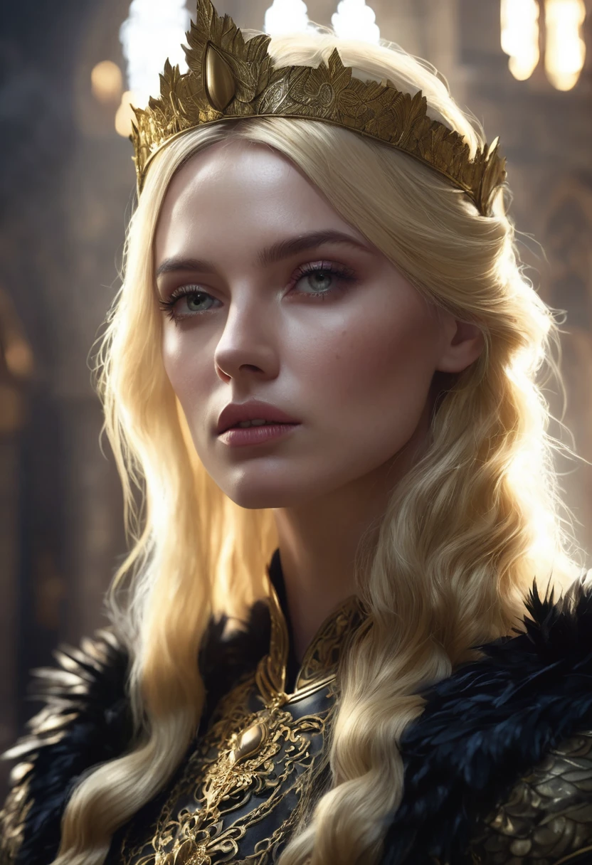 1 woman, inside a medieval castle, wearing a medieval black feather coat, detailed facial features, golden and feminine eyes, literally detailed gold skin, long shiny gold hair, vengeful expression, dramatic lighting, cinematic composition, cold and cool color palette, atmospheric fog, thin chin, (best quality, 4K, 8K, high resolution, art: 1.2), ultra-detailed, (realistic, photorealistic, photorealistic: 1.37)