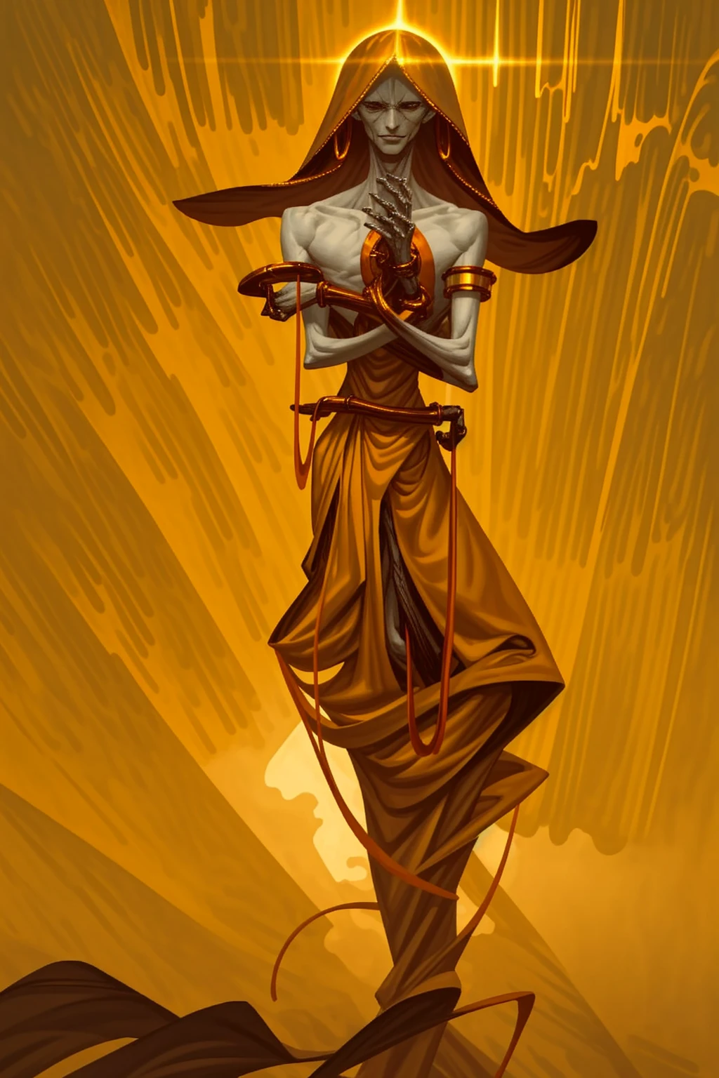 a tall menacing figure, wide shoulders, frail body, gaunt, body is withering/decaying, covered head to toe in a tattered yellow cloak, yellow cloak covering whole body except arms, tattered yellow hood over the head, scrappy yellow veil covering entire face, old yellow stained bandage wraps loosely cover arms, many golden bangles all over both forearms, covered in golden jewelry, old decrepit hands, hands hovering just over the naval, hands are steepling together, a giant golden sunset behind them,