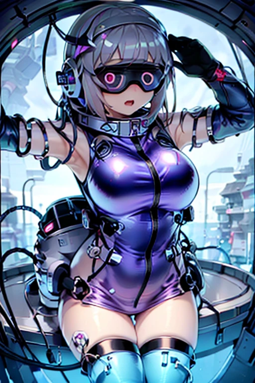 1 Girl, whole body, (space helmet):10,He has a large metal helmet on his head that covers his hair and eyes., tube, wire, She gets electrocuted, brainwashing,astrovest,bing_astronaut,blush,torogao,