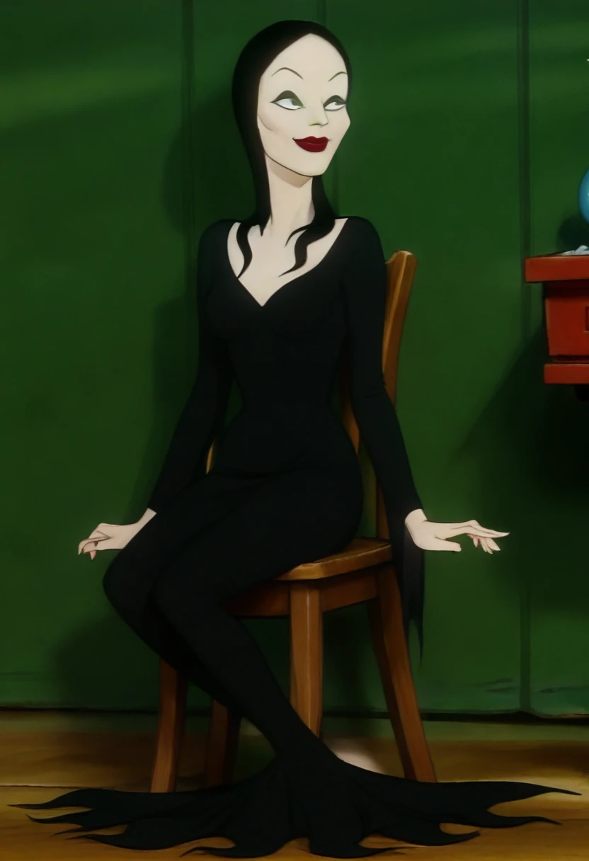 score_9, solo, 1girl, xmortaddx, black eyes , black hair, long hair, pale skin, makeup, lipstick, red lips, black dress, breasts, sitting, full body, smiling