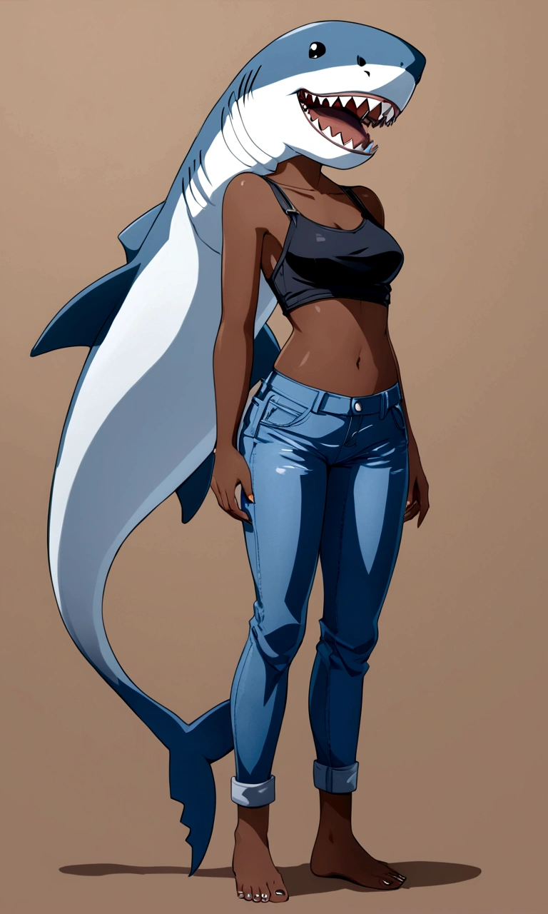 masterpiece, best_quality, ultra-detailed, highres, UHD, 4K, 8K, 1girl, solo, beautiful_and_delicate, human, anthro, anthromorph, anthro-shark, anime_girl, glossy_skin, Blue_skin, shark_tail, sharp_teeth,Black crop top, blue jean shorts, water_theme, cowboy_shot, full body view