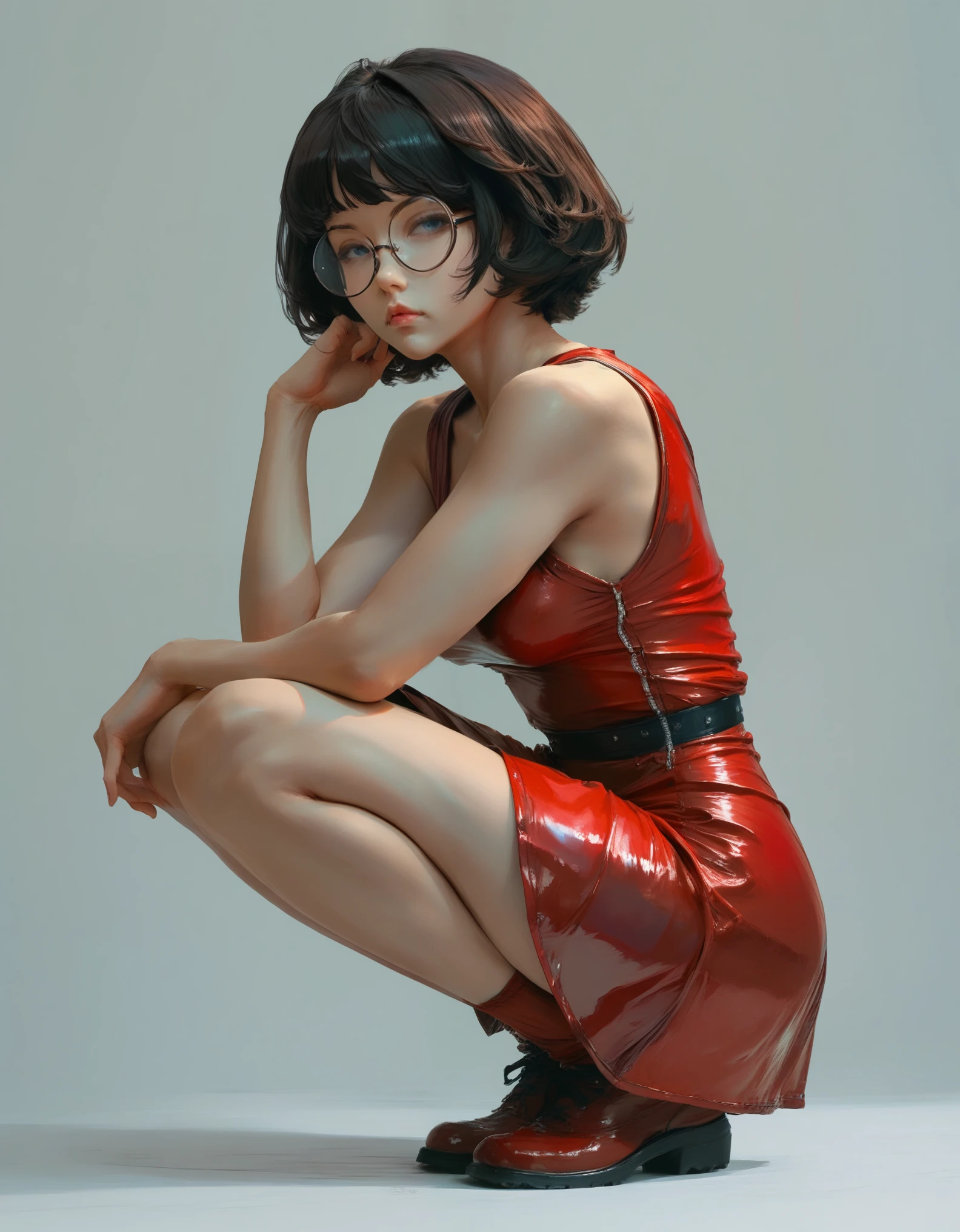 a woman in a short red latex skirt and round glasses, short hair posing for a photo, a hyperrealistic anime girl, hyperrealistic, cutesexyrobutts, realistic and seductive, backlit, curved, ecchi, ecchi anime style, oppai, cute anime girl squatting, style ecchi, pouting, anime, Realism, anatomically correct, super detail, high quality, 4K, textured skin, high resolution