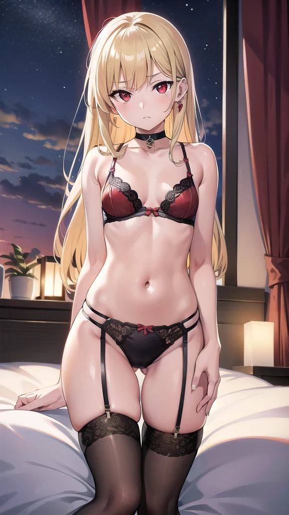 marinkitagawa, marin kitagawa, blonde hair, choker, ear piercing, earrings, long hair, piercing, (red eyes:1.5), straight hair, swept bangs,skinny fit, small ass,long legs, sexy lingerie,lace bra,lace panties.cleavege,neckline,black choker, BREAK indoors, room,bed,candles,night,windows, BREAK looking at viewer, BREAK (masterpiece:1.2), best quality, high resolution, unity 8k wallpaper, (illustration:0.8), (beautiful detailed eyes:1.6), extremely detailed face, perfect lighting, extremely detailed CG, (perfect hands, perfect anatomy), from below,bend over, on knees, stockings, stocking suspenders.