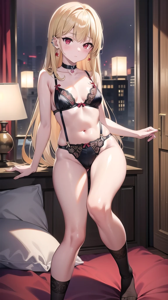 marinkitagawa, marin kitagawa, blonde hair, choker, ear piercing, earrings, long hair, piercing, (red eyes:1.5), straight hair, swept bangs,skinny fit, small ,long legs, sexingerie,lace bra,lace pantieege,neckline,black choker, BREAK indoors, room,bed,candles,night,windows, BREAK looking at viewer, BREAK (masterpiece:1.2), best quality, high resolution, unity 8k wallpaper, (illustration:0.8), (beautiful detailed eyes:1.6), extremely detailed face, perfect lighting, extremely detailed CG, (perfect hands, perfect anatomy), from below,bend over, on knees, stockings, stocking suspenders.
