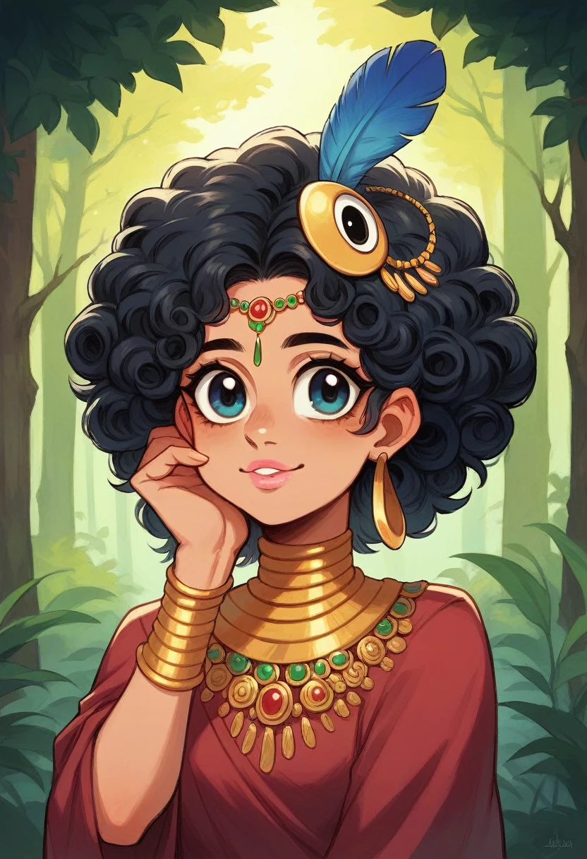 Lord krishna, curly black hair, cute smile, big eyes, pink lips, peacock feathers, forest, paghdi on head, jwellery in hand and neck, earrings