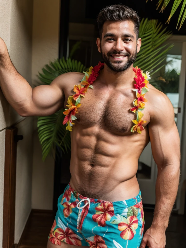 arafed man 25 years old hunk semi hairy at hawaiian party