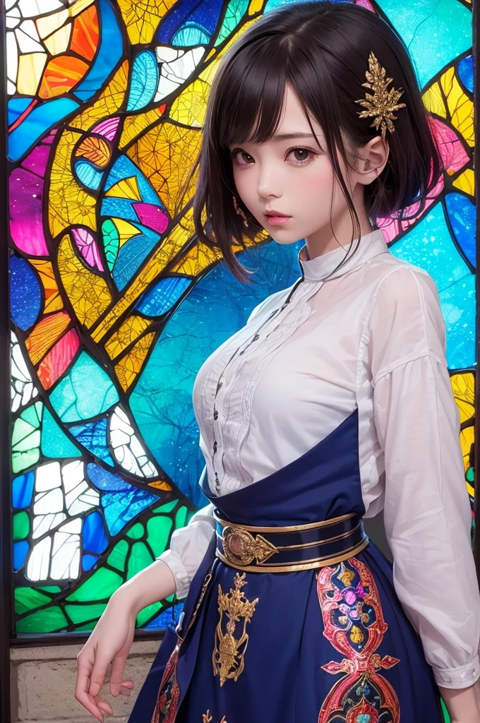 (masutepiece, of the highest quality, Best Quality,Official art, Beautiful and aesthetic:1.2),(1girl in:1.3), 1 Girl Break Stained Glass Art, Colored Glass, Lead Line, Light transmission Break Bright colors, intricate designs, luminous effect, Spiritual atmosphere