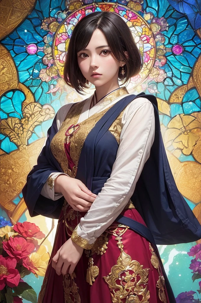 (masutepiece, of the highest quality, Best Quality,Official art, Beautiful and aesthetic:1.2),(1girl in:1.3), 1 Girl Break Stained Glass Art, Colored Glass, Lead Line, Light transmission Break Bright colors, intricate designs, luminous effect, Spiritual atmosphere