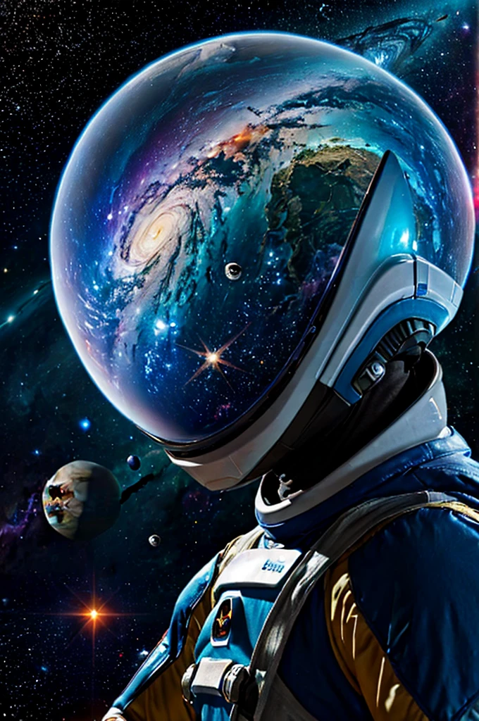 Space shark in a spacesuit swimming among colorful planets and stars. Detailed spacesuit with transparent helmet, inside which you can see the shark's head. Bright gas giants and rocky planets in the background. Nebulae and star clusters illuminate the scene. Realistic style with science fiction elements.