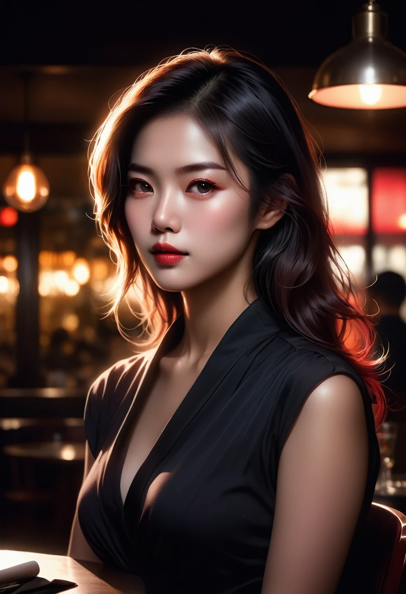 (best quality,high resolution,masterpiece:1.2),Extremely detailed,(Practical,Reality,Photo-realistic:1.37),Profile face of sad Asian woman sitting in a dim cafe at night，holding a glass of red wine，Dark room，(Backlit portrait:1.5),Darkroom Portraits,Close-up of woman with hair,Darkroom scene,The trait of a mysterious woman,outlined silhouettes,Backlit hair,Girl with glowing lens flare,High contrast portrait,dramatic backlight,Light shines on the face,Mysterious portrait,Silhouette of a woman,飘逸的Backlit hair