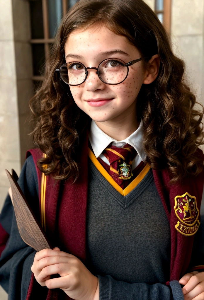 Masterpiece of allure, (-yeld:1. mary elizabeth winstead, (freckles on cheeks, short curly dark-brown hair:1.2), (brown eyes, wear glasses:1.2), (Irish tween girl fitness model), (wearing a Gryffindor uniform: 1.2), photorealistic, full body, a captivating smile lingers at the corner of her lips, ultra-high-resolution, film stock photography, F2.8 lenses, vibrant colors, realistic