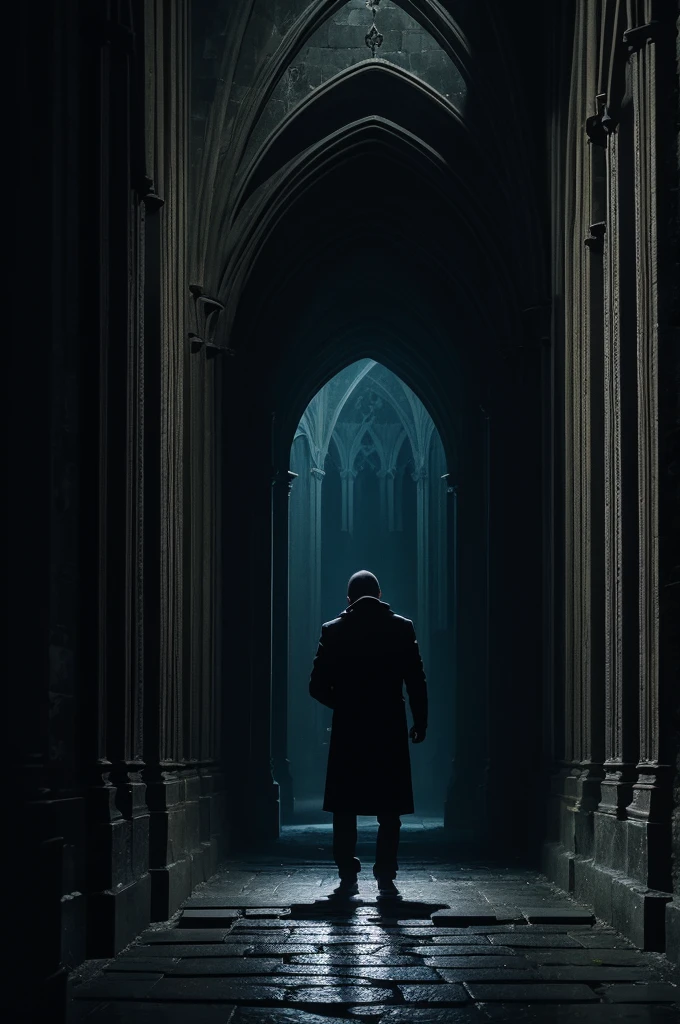 Panicked man being swallowed by the inner wall inside a dark cathedral in the dark and ominous night