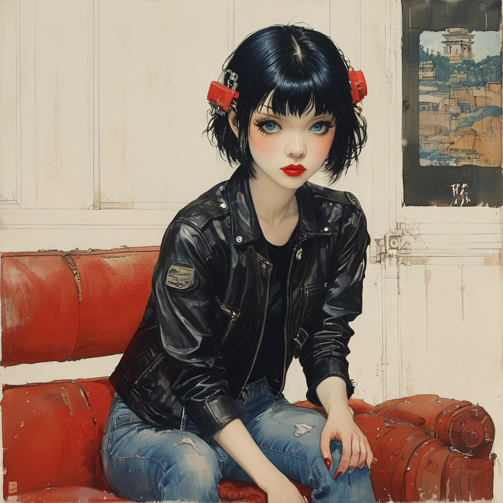 1 girl, pale skin, pixie short black hair with bangs , blue eyes, full red lips, leather jacket, tight leather jeans, tight black t-shirt , in the style of takato yamamoto ,