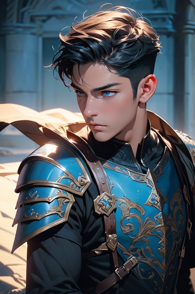 a handsome man with short hair,azure-colored armor,realm of the winds,beautiful blue eyes,charming,protagonist,(best quality,4k,8k,highres,masterpiece:1.2),ultra-detailed,(realistic,photorealistic,photo-realistic:1.37),digital painting,concept art,dramatic lighting,vivid colors,cinematic,intricate details,heroic