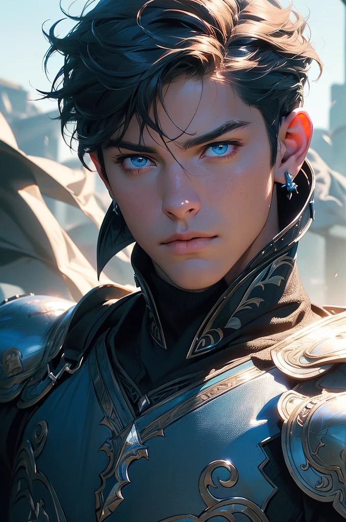 a handsome man with short hair,azure-colored armor,realm of the winds,beautiful blue eyes,charming,protagonist,(best quality,4k,8k,highres,masterpiece:1.2),ultra-detailed,(realistic,photorealistic,photo-realistic:1.37),digital painting,concept art,dramatic lighting,vivid colors,cinematic,intricate details,heroic