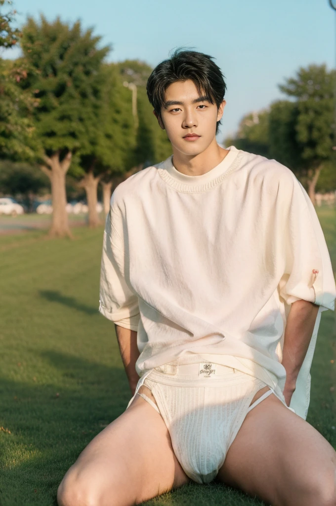 Asian muscular boy sitting on grass, sexy, Dark eyebrows, white shirt, wearing white thong high cut underwaer, white high cut Jockstrap, muscular young male, mid shot portrait, high quality portrait, Attractive pose, cute young man, gorgeous young model, portrait a 25 - year - old boy, casual photography, Realistic. Cheng Yi, cute young man, ((wearing micro string thong))