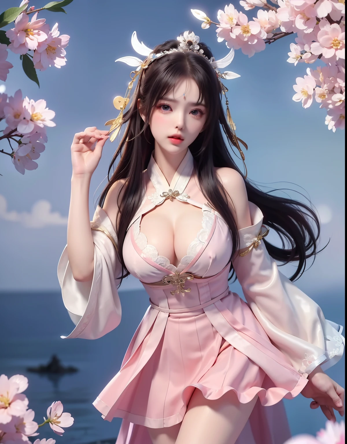 (8k, RAW photo:1.2), best quality, ultra high res,dramatic angle,(fluttered detailed color splashs), (illustration),(((1 girl))),(long hair),(rain:0.9), (Headdress:1.4),There is an ancient palace beside the girl,Hanfu,(Key Points),Color ink painting,(Splash of Color),Splash of Color,(((colorful))),(sketch:0.8) , Masterpiece, best quality, beautiful painted, highly detailed,(denoising:0.6),[splash ink],((ink refraction)), (beautiful detailed sky),moon,highly,detaild,(masterpiece, best quality, extremely detailed） CG Unity 8k Wallpaper，masterpiece，best quality，Ultra Detailed），（Lycoris）.shoulder ballet dress open V-chested clothes Thin silk lace dress short skirt , (huge ，cleavage),, white pink, blue ，best qualtiy，tmasterpiece，Ultra-high resolution，（Reality：1.4），RAW photogr，（True skin texture：1.3），（filmgrain：1.3），（Selfie angle），1个Giant Breast Girl，Beautiful eye and face details，tmasterpiece，Best quality at best，，The chest more exposed， detailed hair, bra pink , detail 8k, full body, lace petticoat, fan handle