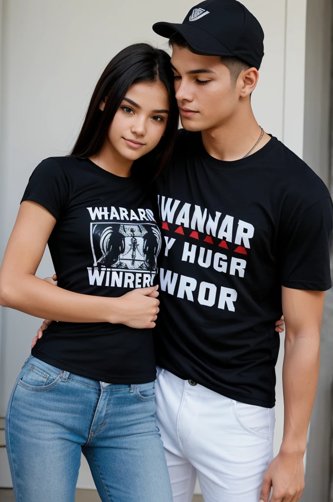 A girl wearing a T-shirt with the word "Winner" hugs a guy wearing a T-shirt with the word "Warrior." The T-shirts have only the words "Winner" and "Warrior," with no other designs or graphics.