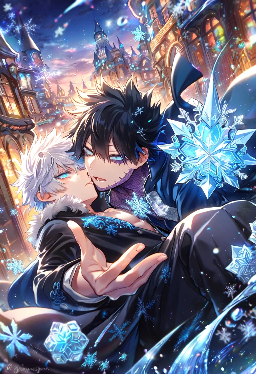 (absurdres, highres, ultra detailed, HDR) master piece, best quality, extremely detailed face, delicated features, Dabi, black hair, expressive turquoise eyes, Boku No Hero Academia, Gojou Satoru, white hair, expressive blue eyes, white eyelashes, two sexy men together, yaoi, gay couple, handsome, black coat, blue coat with fur, magical fantasy, glittering, sparkling, blue roses, radiant, blue sparkling fireflies, blue fire, envy magical, city, snowflakes, ice