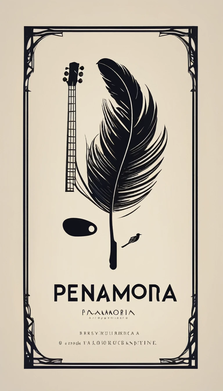 A minimal, modern, simple, cinematic logotype for the brand “Penamemoria". The logotype must be a simple, magical feather and a boy playing acoustic guitar. The logo must convey a sense of music, stories, memories and dreams. Logo design impressed on a book cover. Minimalistic logo