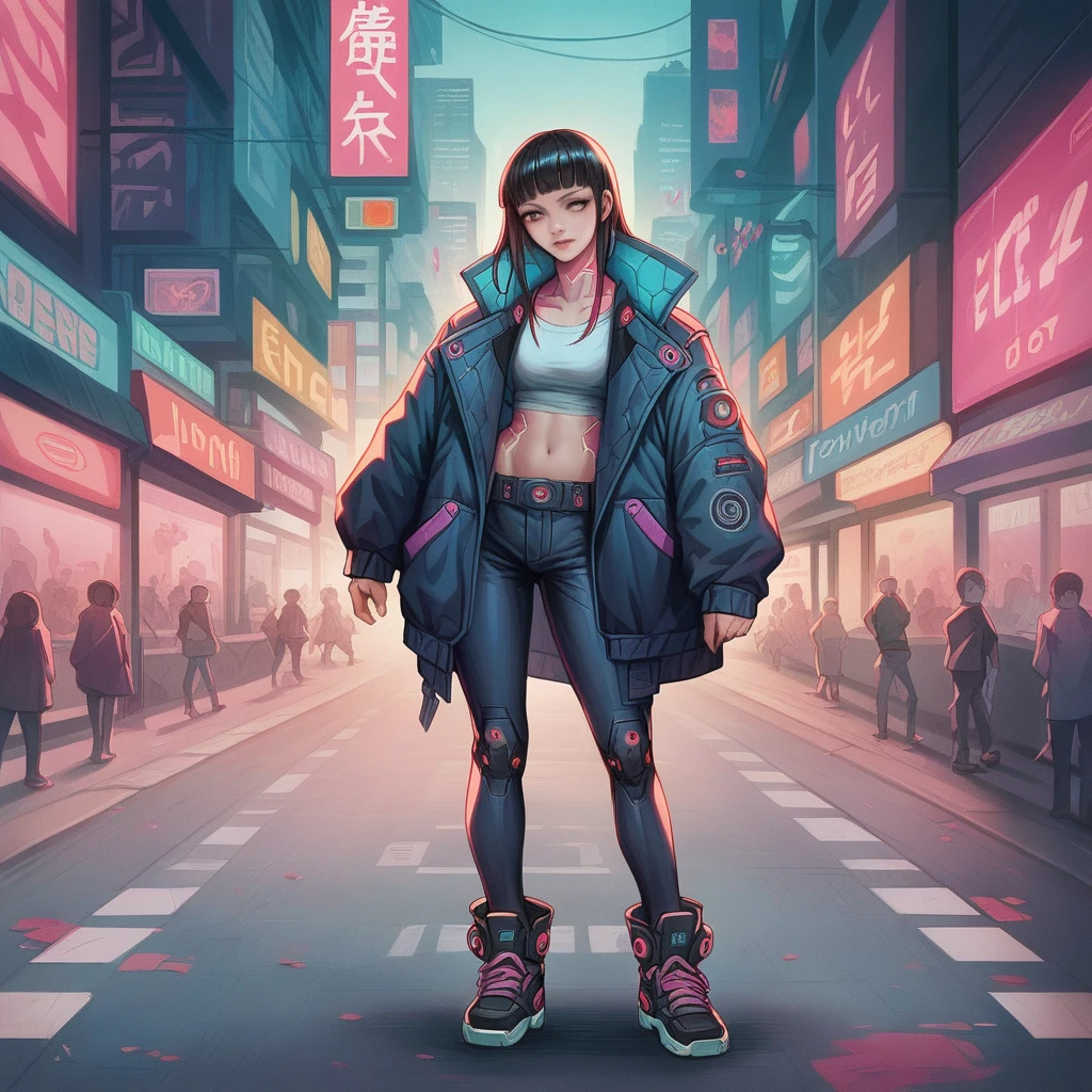 there is a woman standing on the side of the street, cyberpunk art by Yang J, trending on Artstation, realism, artwork in the style of guweiz, anime style. 8k, guweiz, realistic anime 3 d style, trending on cgstation, 🤤 girl portrait, hyper-realistic cyberpunk style, anime style mixed with fujifilm, dreamy cyberpunk girl
