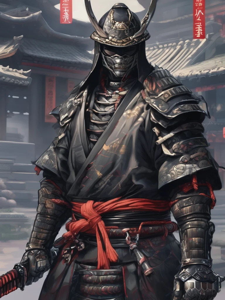 Cyber samurai, Cyber ronin, He shines his katana, samurai armor, Metal plates, ropes, Chinese cap lackla, lackla, lack, Many cut fabrics on his clothes,