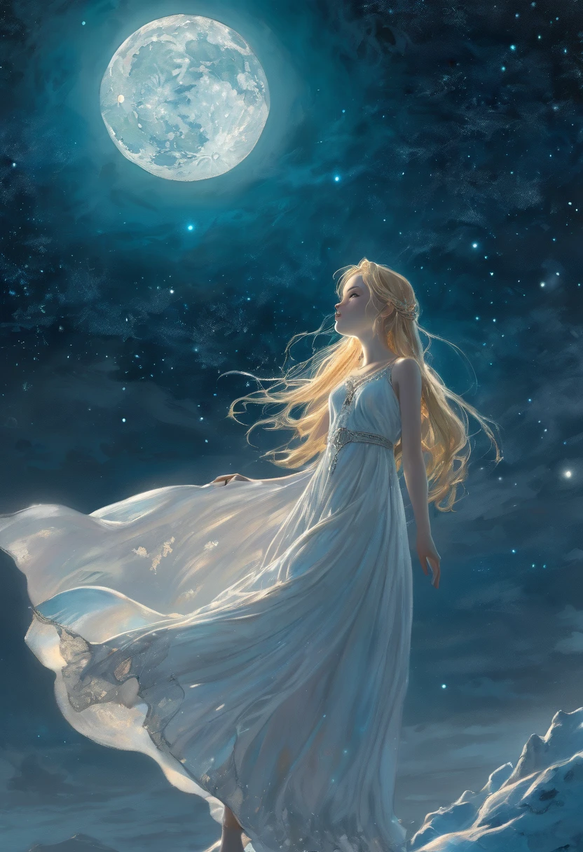 masterpiece, (Highest quality:1.2), (Super detailed:1.2), figure, (Very delicate and beautiful:1.2),Movie angle,floating, (Beautiful attention to detail:1.1), (Detailed light:1.1),Cinema Lighting, Beautifully detailed skies, woman,euphilia, One Girl,Anime girl with long blonde hair and dark turquoise eyes in a white dress (moon:1.2), (moonlight:1.1), Starry Sky, (Lighting particles:1.1), fog, Snow Painting, sketch, bloom