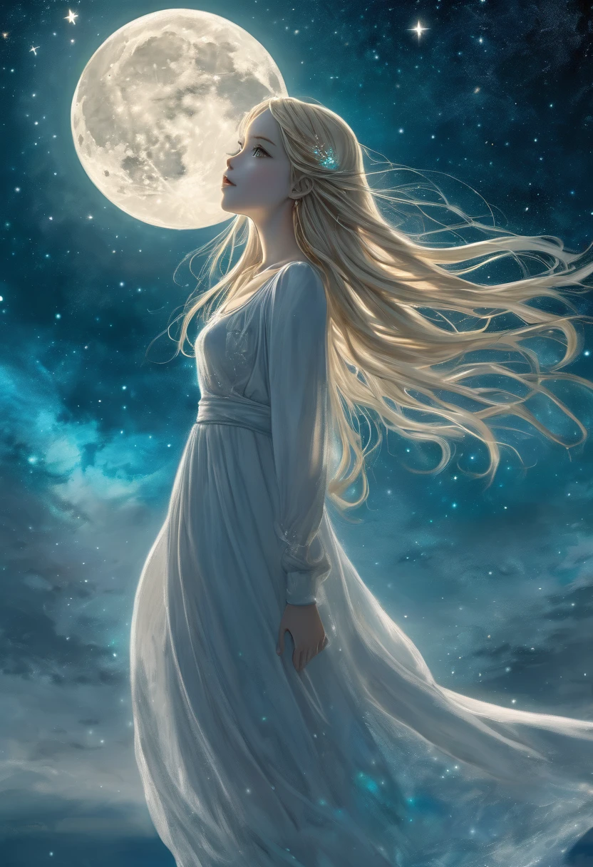 masterpiece, (Highest quality:1.2), (Super detailed:1.2), figure, (Very delicate and beautiful:1.2),Movie angle,floating, (Beautiful attention to detail:1.1), (Detailed light:1.1),Cinema Lighting, Beautifully detailed skies, woman,euphilia, One Girl,Anime girl with long blonde hair and dark turquoise eyes in a white dress (moon:1.2), (moonlight:1.1), Starry Sky, (Lighting particles:1.1), fog, Snow Painting, sketch, bloom