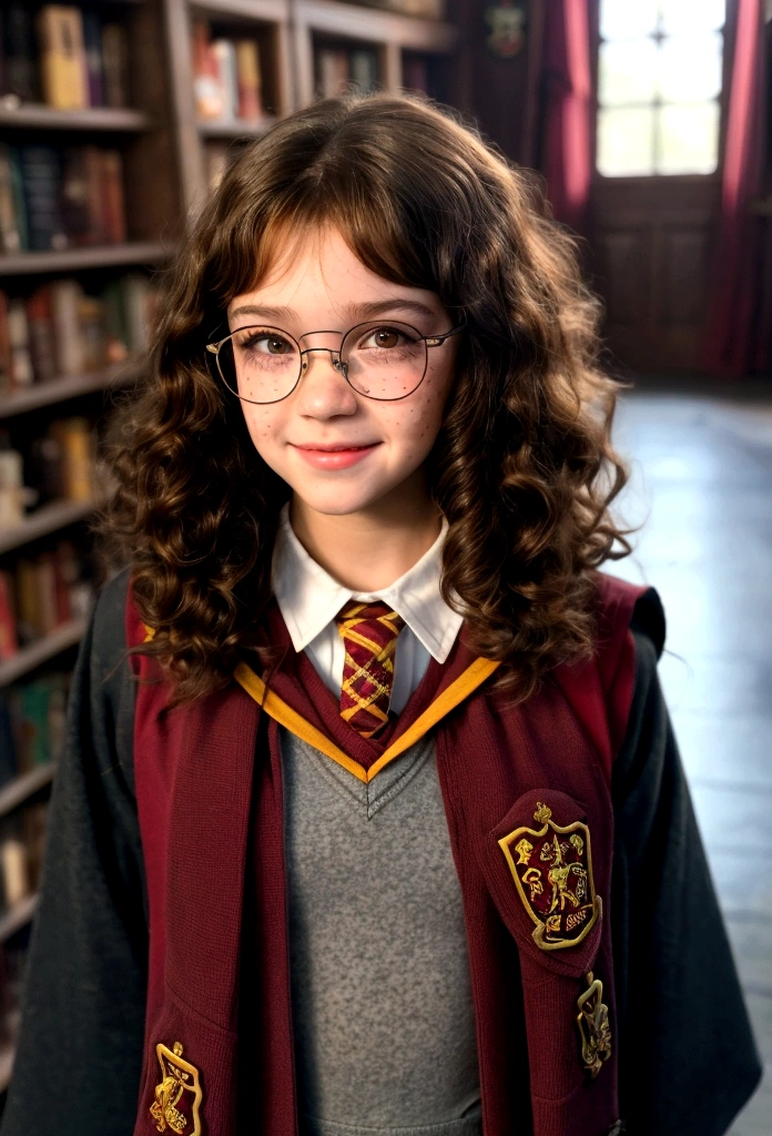 Masterpiece of allure, (10-year-old:1.2), mary elizabeth winstead, (freckles on cheeks, short curly dark-brown hair:1.2), (brown eyes, wear glasses:1.2), (Irish tween girl fitness model), (wearing a Gryffindor uniform: 1.2), photorealistic, (full body:1.1), a captivating smile lingers at the corner of her lips, ultra-high-resolution, film stock photography, F2.8 lenses, vibrant colors, realistic