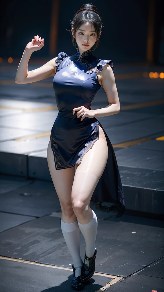 Chun-Li, wide hips, attractive, long legs, beautiful eyes, Beautiful whole body, small breasts, lace dress, tempting, Abs, Plump body shape, thick jangdanji, thick thighs, black hair, red eyes, black stockings, thick calves