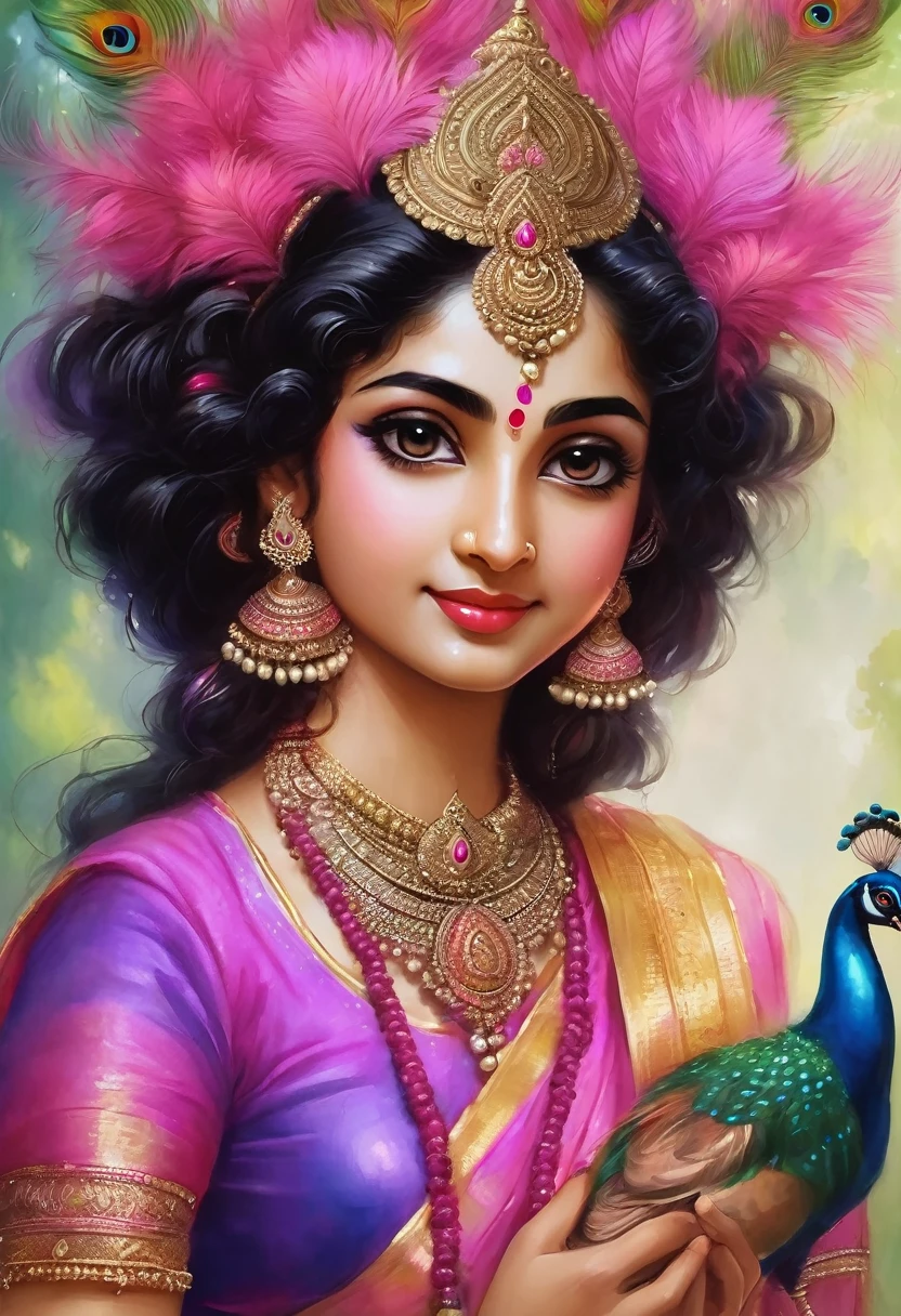 Lord krishna, curly black hair, cute smile, big eyes, pink lips, peacock feathers, forest, paghdi on head, jwellery in hand and neck, earrings