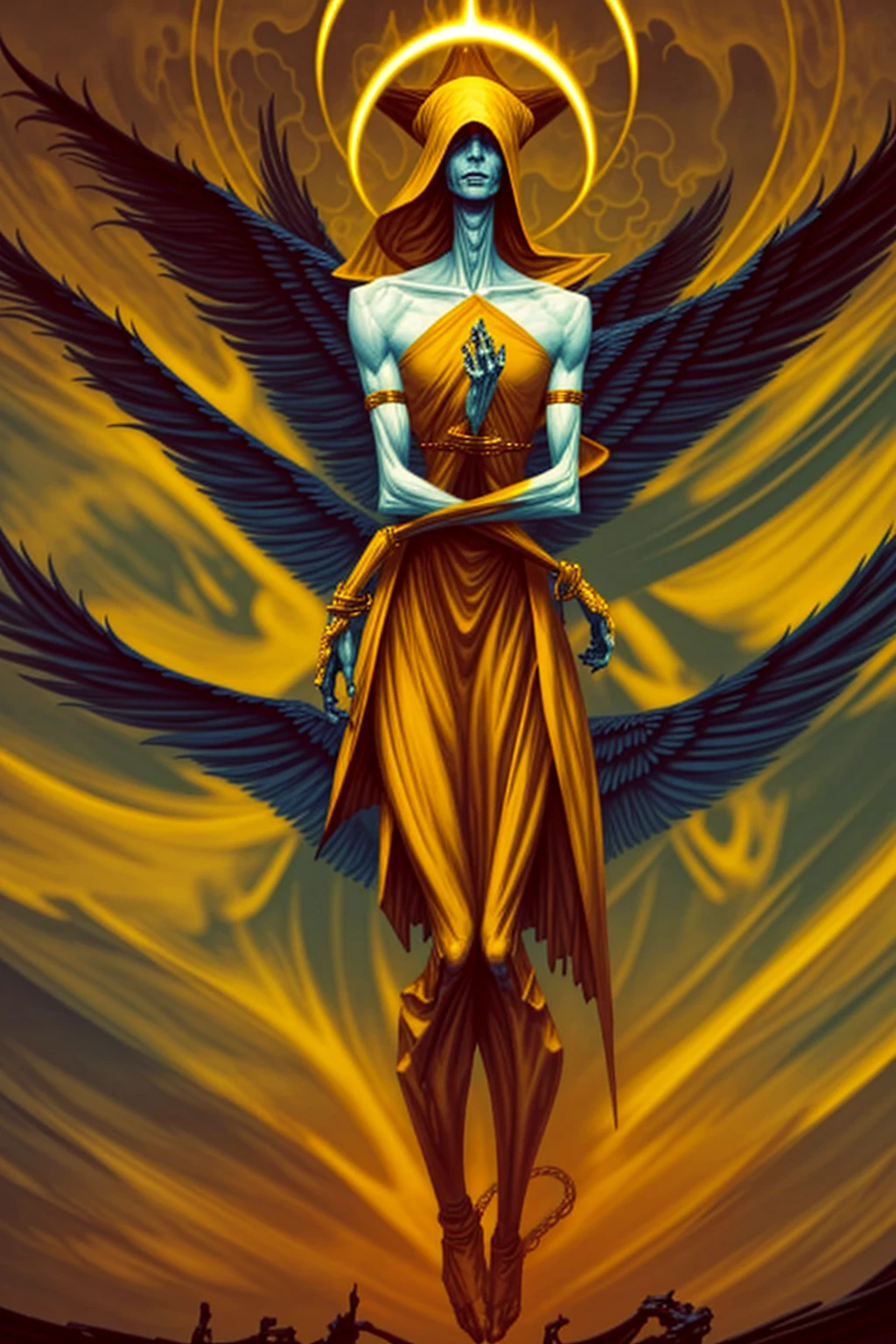 a tall menacing figure, wide shoulders, frail body, gaunt, body is withering/decaying, covered head to toe in a tattered yellow cloak, yellow cloak covering whole body except forearms, tattered yellow hood over the head, scrappy yellow veil covering entire face, face completely concealed, old yellow stained bandage wraps loosely cover arms, many golden bangles all over both forearms, covered in golden jewelry, old decrepit hands, hands hovering just over the naval, hands are steepling together, a giant golden sunset behind them,
