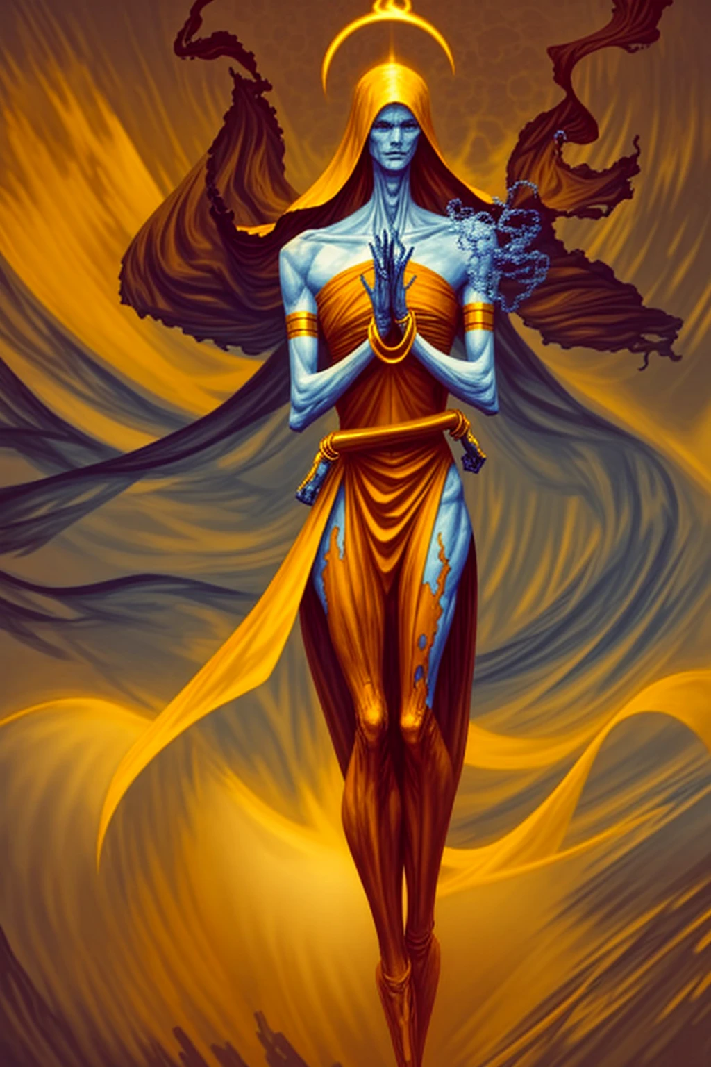 a tall menacing figure, wide shoulders, frail body, gaunt, body is withering/decaying, covered head to toe in a tattered yellow cloak, yellow cloak covering whole body except forearms, tattered yellow hood over the head, scrappy yellow veil covering entire face, face completely concealed, old yellow stained bandage wraps loosely cover arms, many golden bangles all over both forearms, covered in golden jewelry, old decrepit hands, hands hovering just over the naval, hands are steepling together, a giant golden sunset behind them,