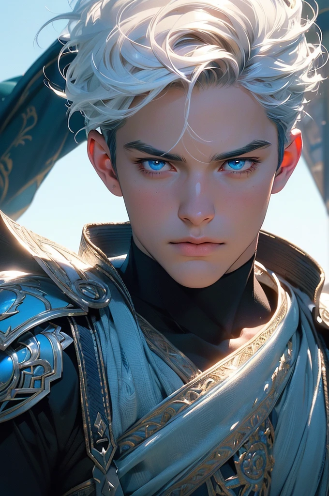a handsome man with short hair,azure-colored armor, white hair,realm of the winds,beautiful blue eyes,charming,protagonist,(best quality,4k,8k,highres,masterpiece:1.2),ultra-detailed,(realistic,photorealistic,photo-realistic:1.37),digital painting,concept art,dramatic lighting,vivid colors,cinematic,intricate details,heroic