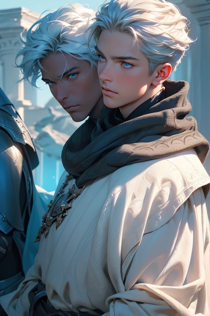 a handsome man with short hair,azure-colored armor, white hair,realm of the winds,beautiful blue eyes,charming,protagonist,(best quality,4k,8k,highres,masterpiece:1.2),ultra-detailed,(realistic,photorealistic,photo-realistic:1.37),digital painting,concept art,dramatic lighting,vivid colors,cinematic,intricate details,heroic