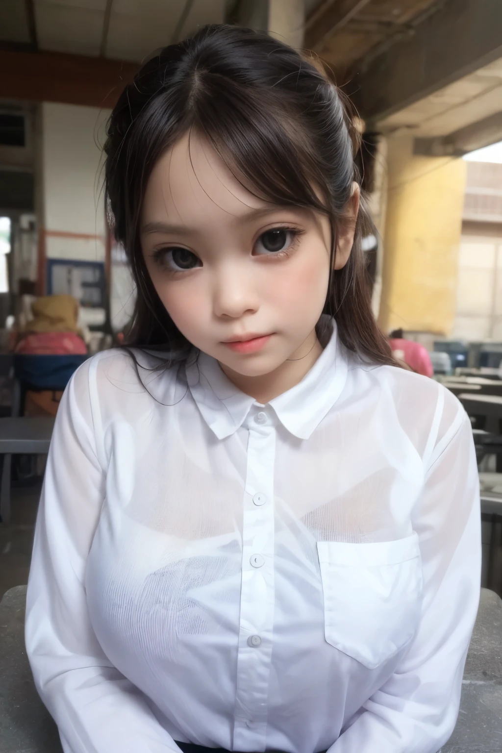 adorable, 1 girl, (face to face), 10 years old, baby face, happy, half body portrait, (face details: 1), (eye details:1), ((big breasts)). wearing transparent transparency long shirt, .. Cute posed. proportional body. Ultra High Res. realistic: 1.4, UHD, poke a bun Hairstyle , lace 